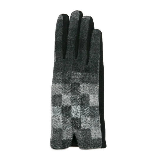A single knit glove in a gray and black checkerboard pattern with solid black fingertips, shown against a plain white background.