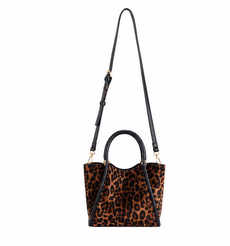 Leopard print Shiraleah Danny Mini Tote handbag with black accents on a white background