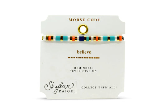 Skylar Paige Morse Code beaded bracelet packaging with 'believe' message on a white card