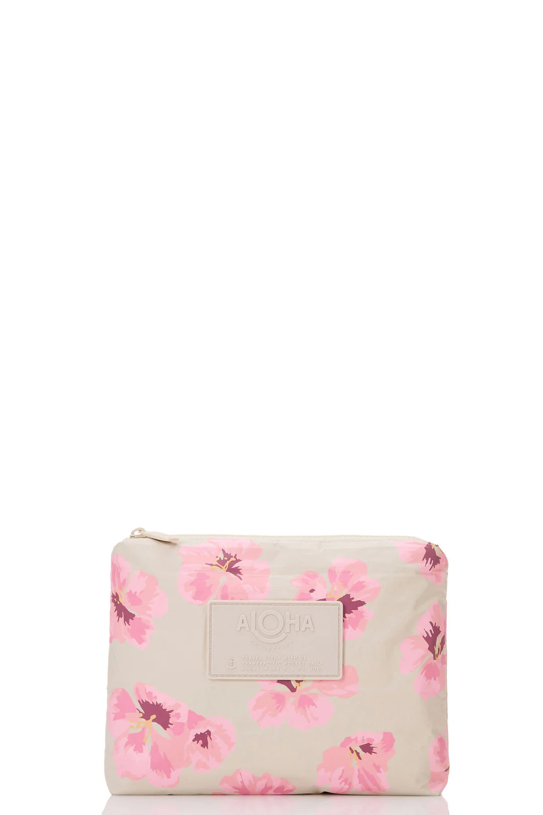 Floral-patterned small pouch with pink floral design on tan background 