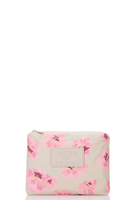 Floral-patterned small pouch with pink floral design on tan background 