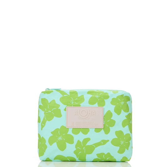 Floral-patterned pouch with green flowers on a blue background