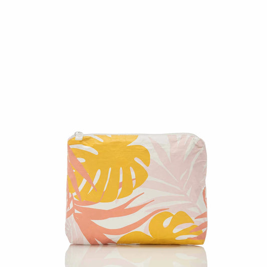 Small pouch with yellow and pink leaf pattern on a white background