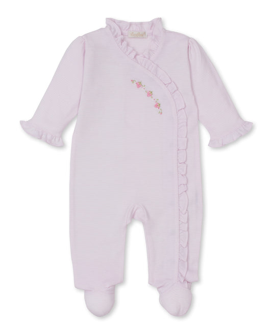 Kissy Kissy Summer Medley pink Footie  with ruffles and floral embroidery on a white background