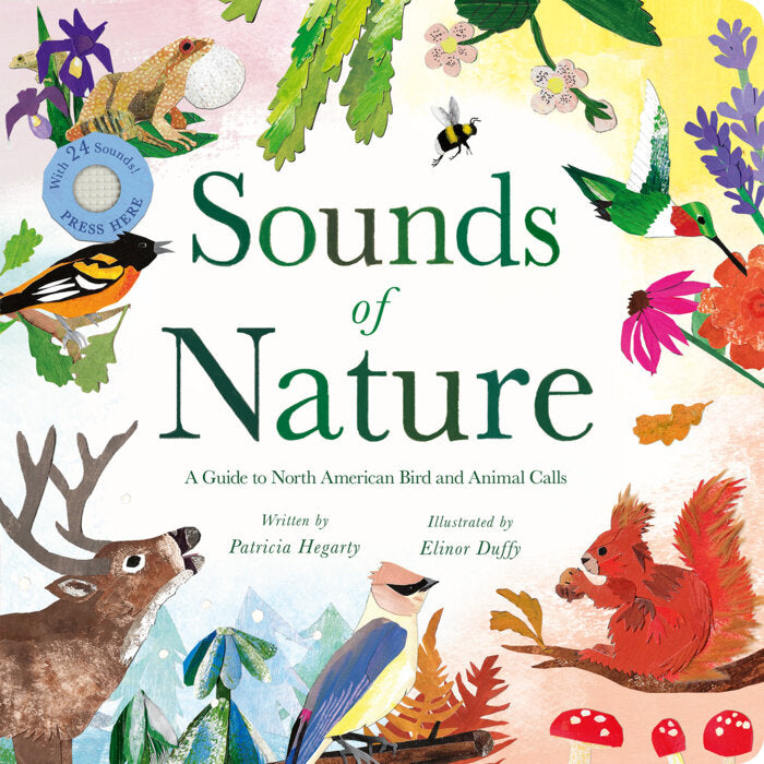 Front cover a children's book titles 'Sounds of Nature' with illustrations of various animals and birds 