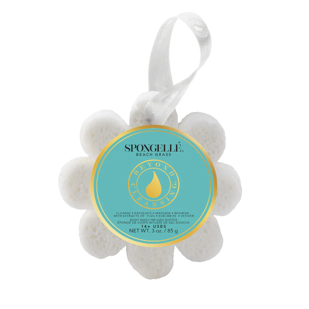 spongelle daisy bath sponge with the words beach grass on the label