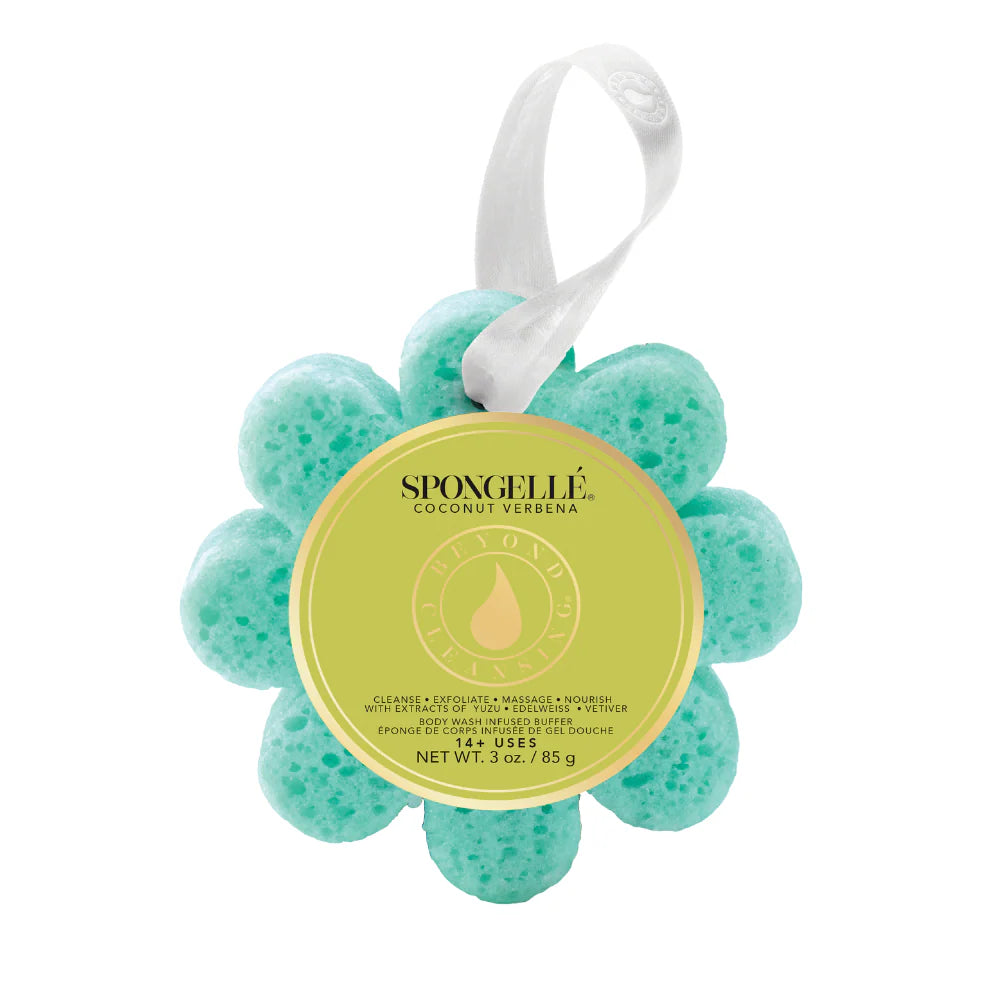 spongelle daisy bath sponge with the name coconut verbena on the label