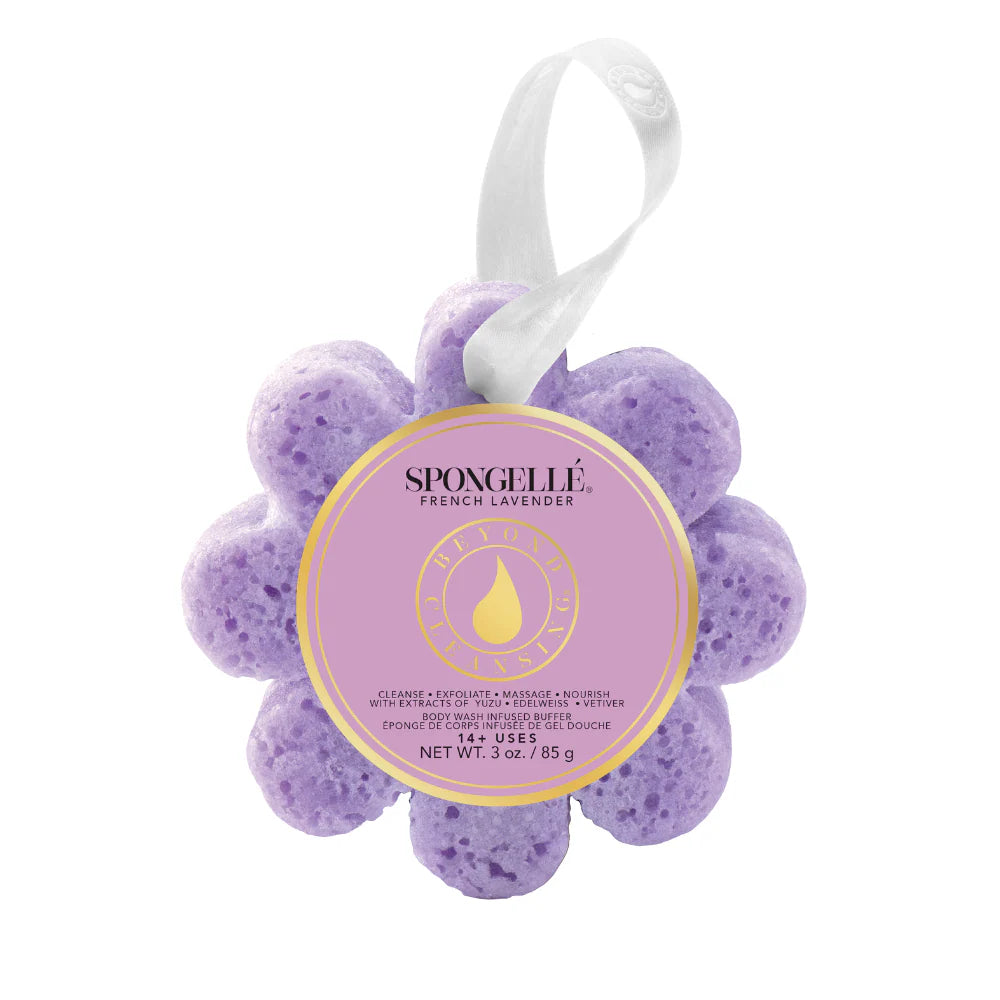 spongelle daisy bath sponge with the name french lavender on the label