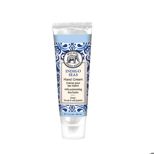 Tube of Indigo Seas hand cream with decorative label on a white background