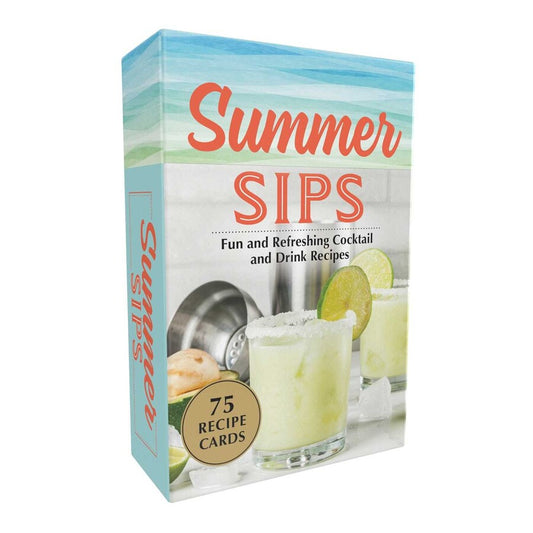 Box of 'Summer Sips' cocktail recipe cards with a drink image 