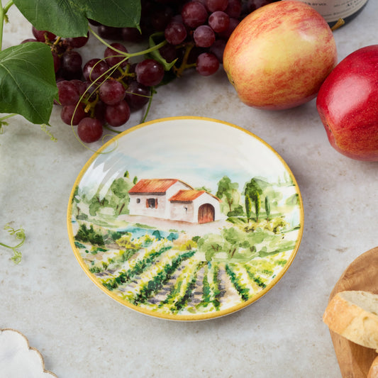 canape plate with an Italian scene featuring a villa and vineyard