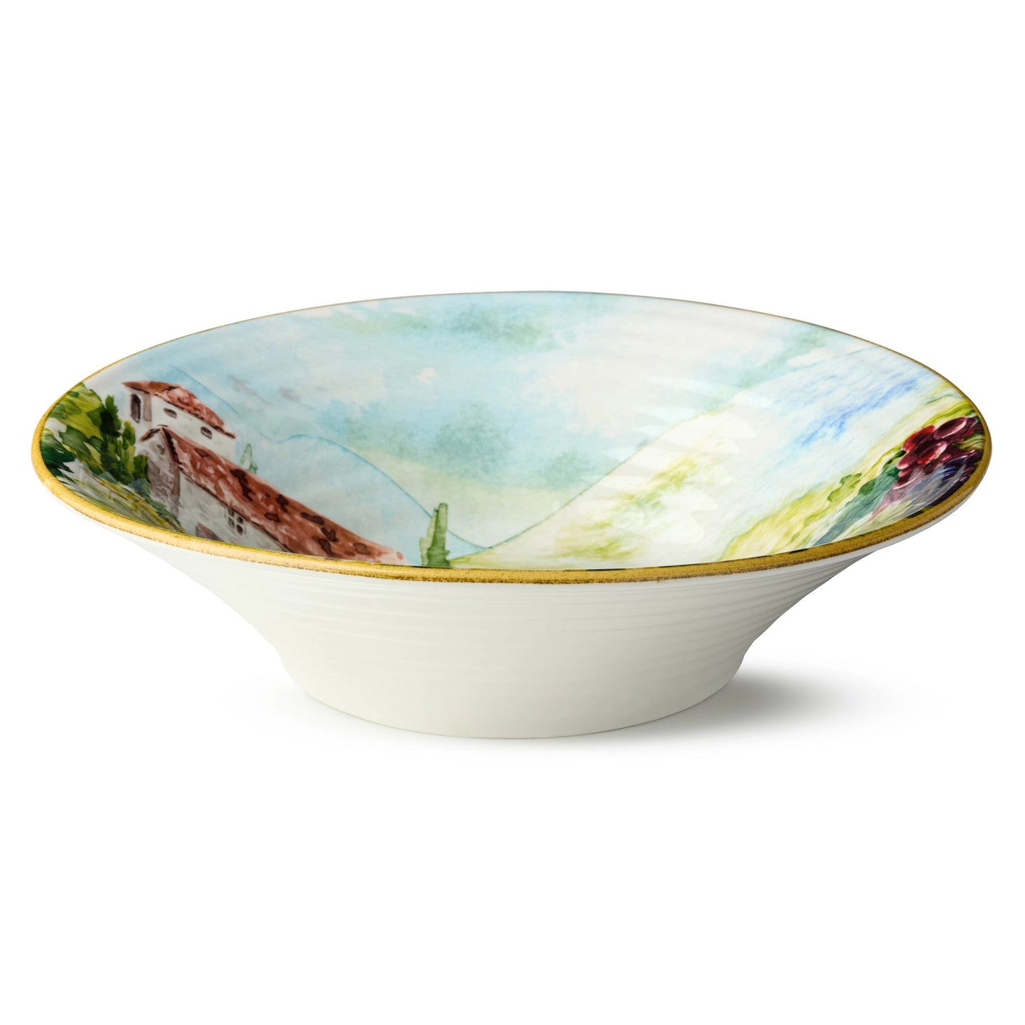 White pasta bowl with gold trim and a hand painted tuscany villa image on the inside of the bowl 