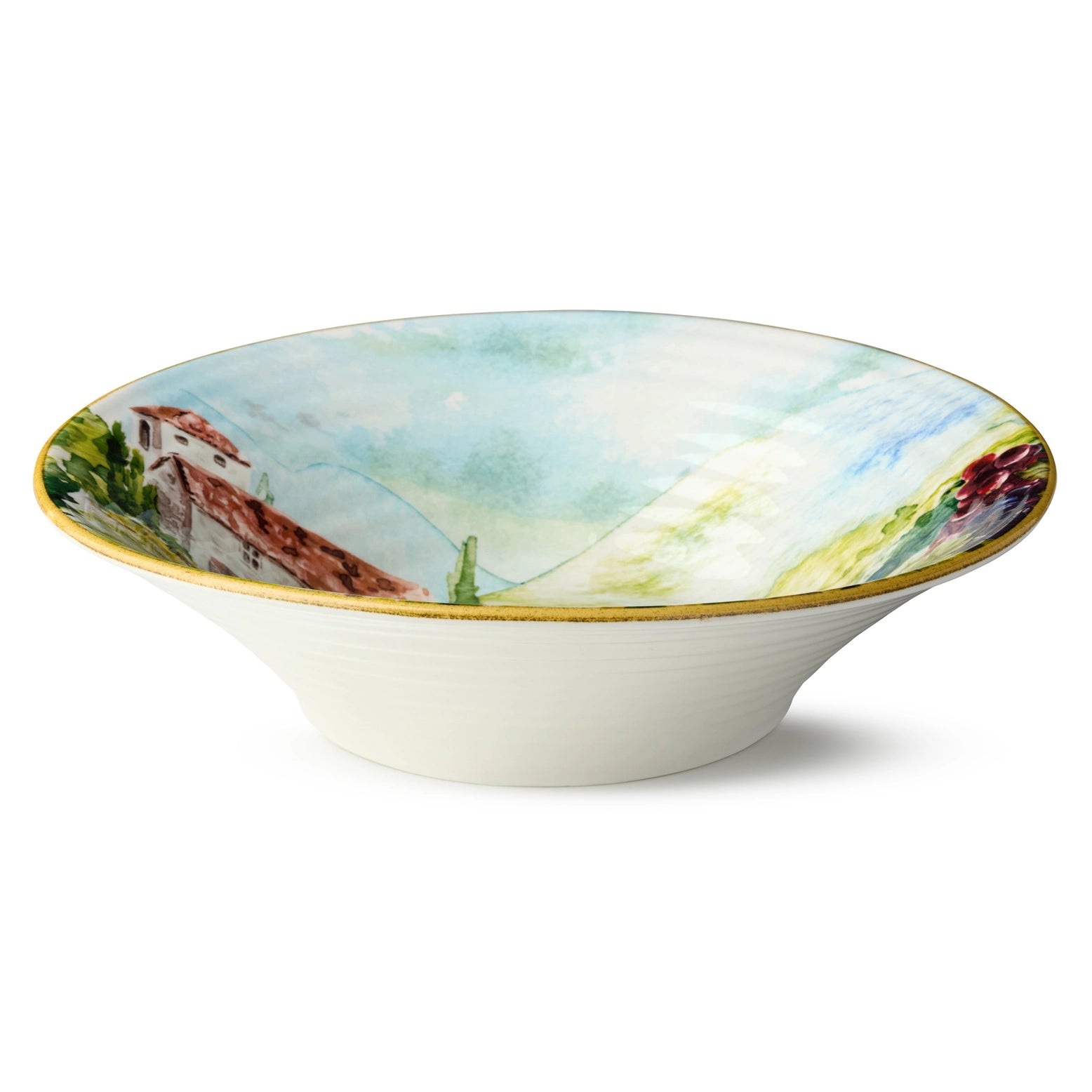 White pasta bowl with gold trim and a hand painted tuscany villa image on the inside of the bowl 