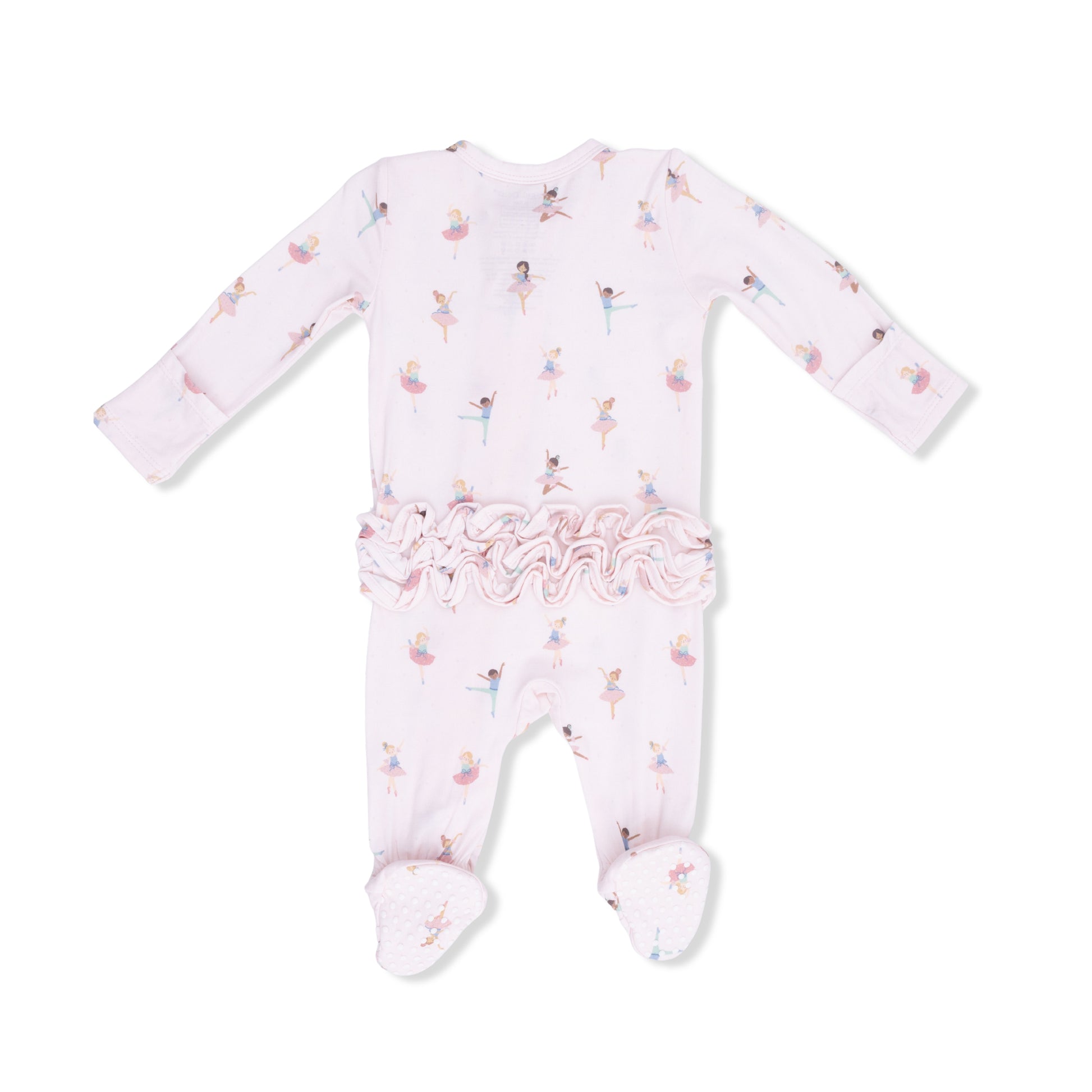 Back view of an Angel dear pink Baby onesie with ballerina pattern  and tutu ruffles on a white background