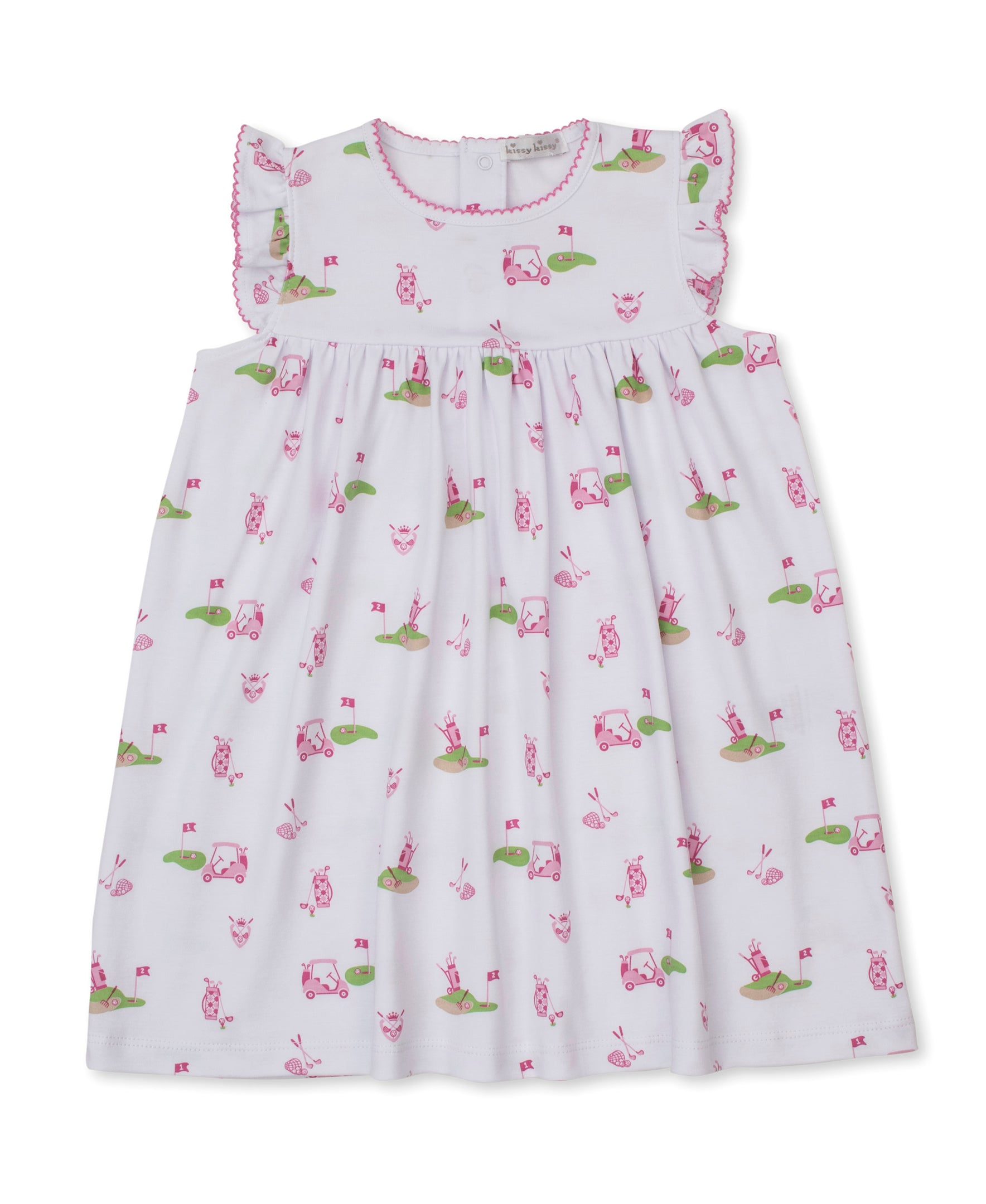 Kissy Kissy Toddler Golf Championship white dress with pink and green golf images on a white background