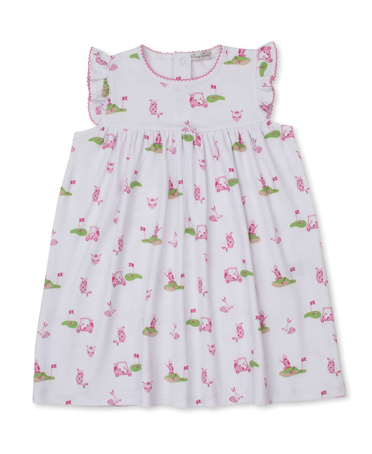 Kissy Kissy Toddler Golf Championship white dress with pink and green golf images on a white background