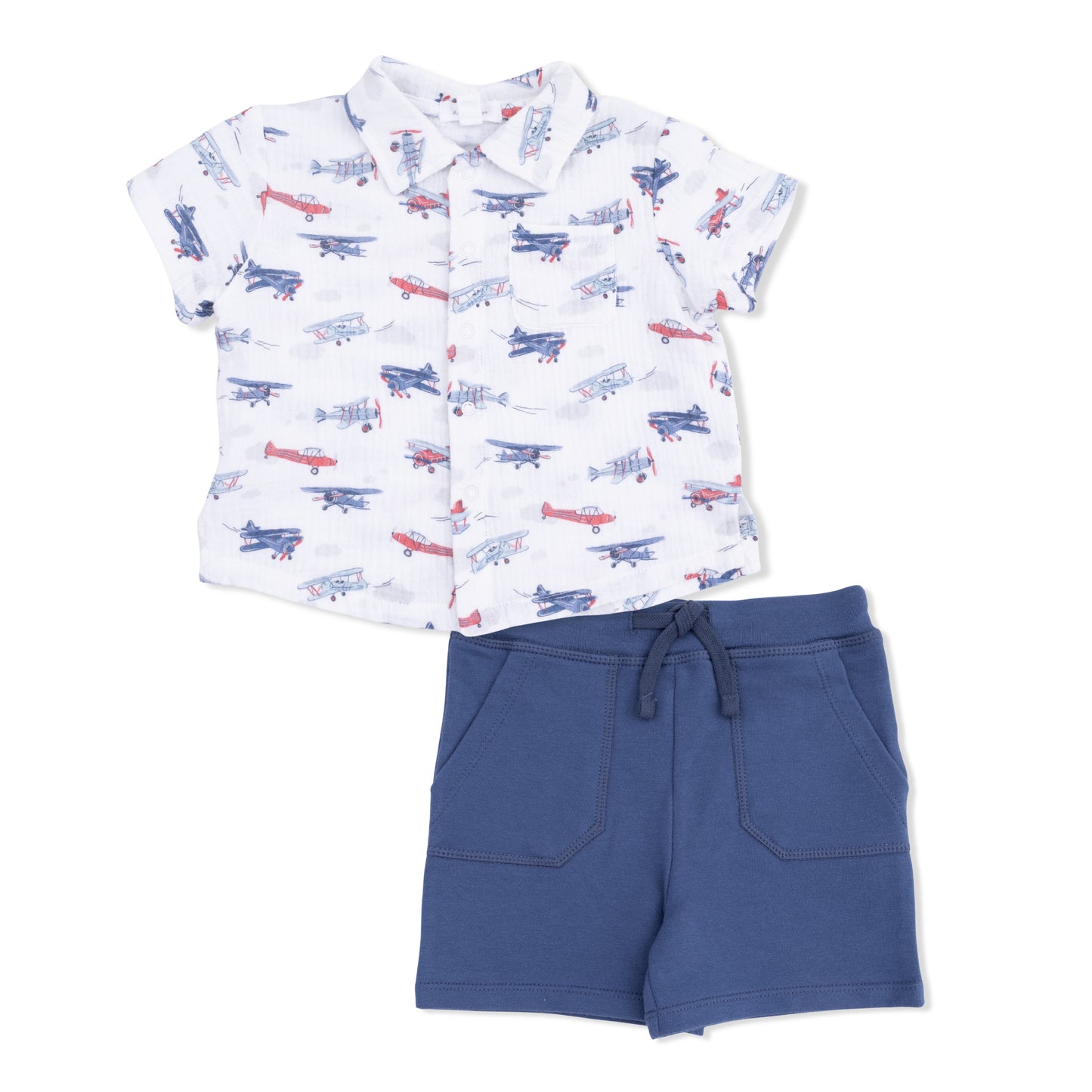 Angel Dear Children's outfit with vintage airplane-patterned shirt and blue shorts on a white background