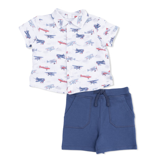 Angel Dear Children's outfit with vintage airplane-patterned shirt and blue shorts on a white background