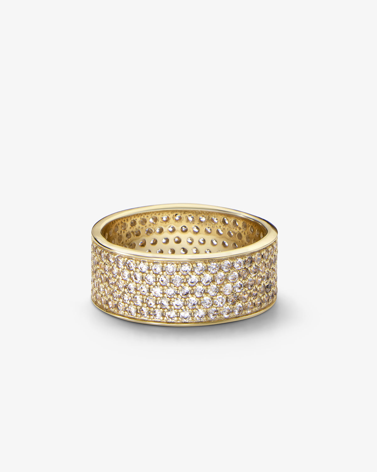 Melinda Maria SLick Pave Gold ring with embedded crystals on a light gray background