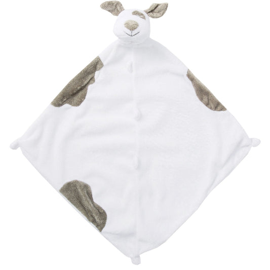 A beige and gray spotted puppy-themed baby blankie with a character head and ears at one corner.