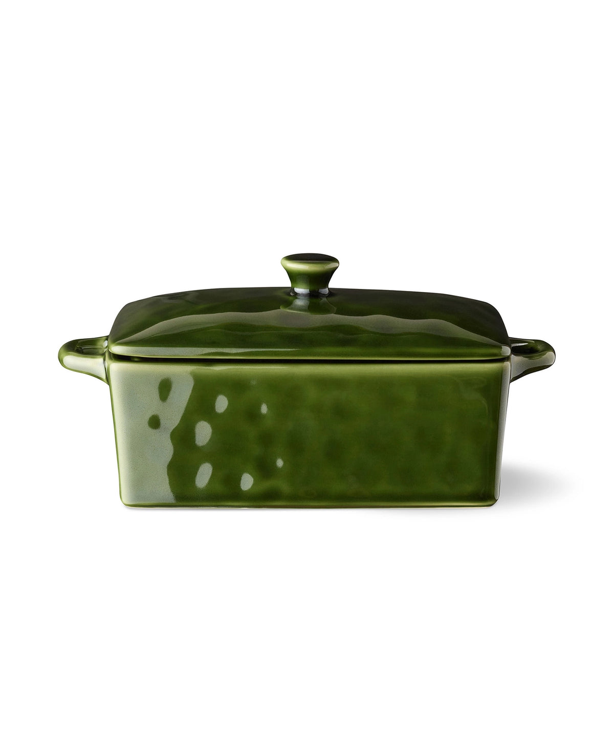 A rectangular green ceramic casserole dish with a matching lid, featuring side handles and a glossy finish, photographed on a clean white background.