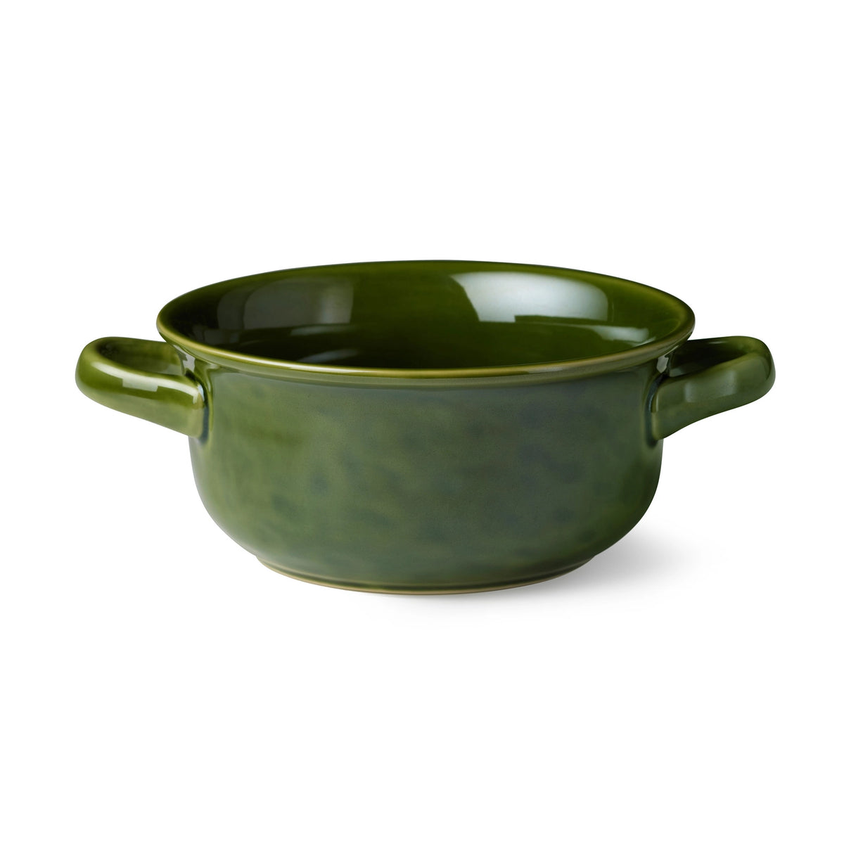 A dark green glazed ceramic soup bowl with two side handles, shown on a clean white background.