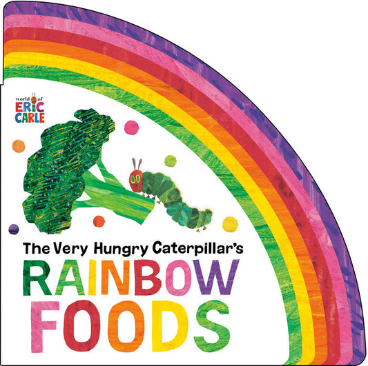 shaped children's board book with the very hungry caterpillar on the cover eating broccoli.
