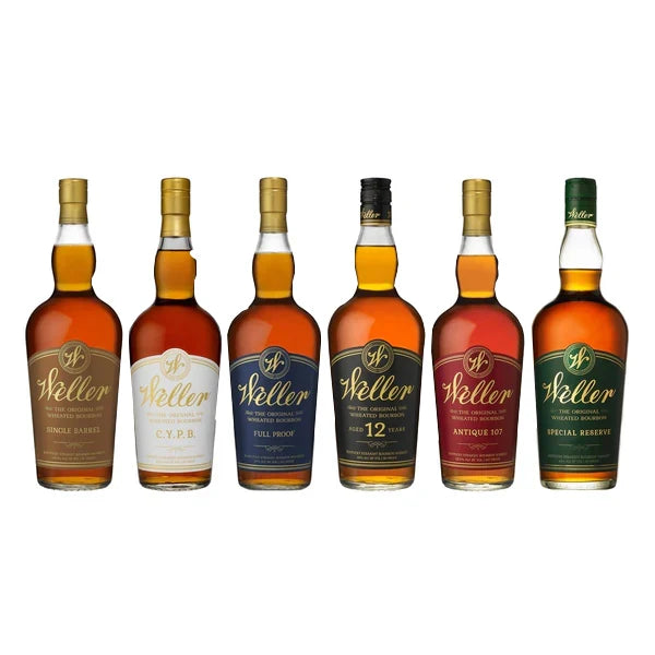 Six bottles of H. Weller whisky arranged in a row against a plain white background, showing different label designs and bottle colors.