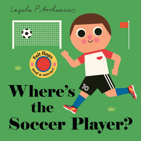 children's board book with a soccer player on the cover and a soccer ball and net. the title where's the soccer player