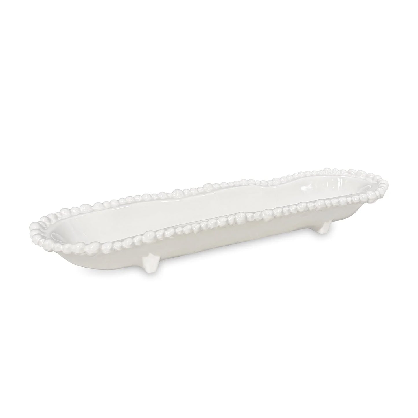 White ceramic tray with decorative edge on a white background