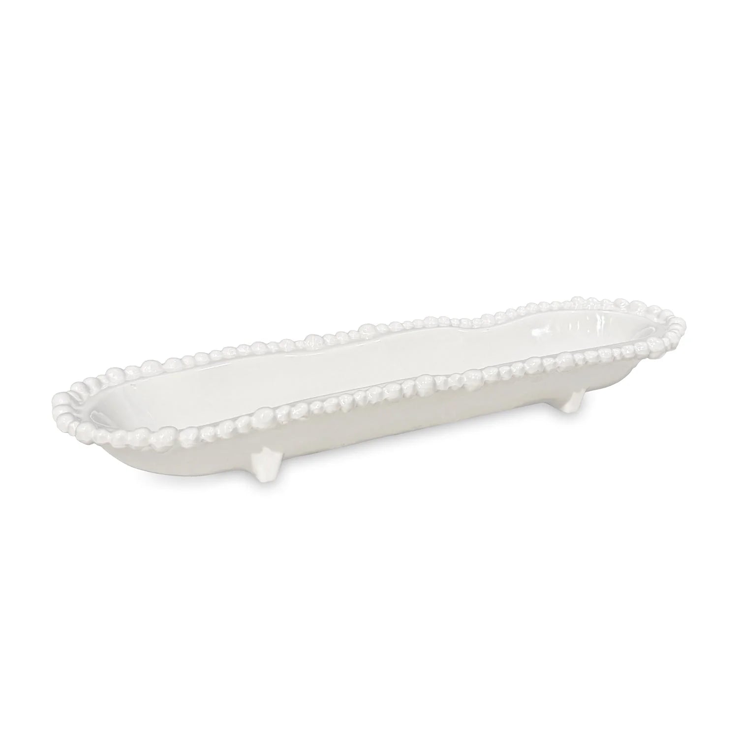 White ceramic tray with decorative edge on a white background