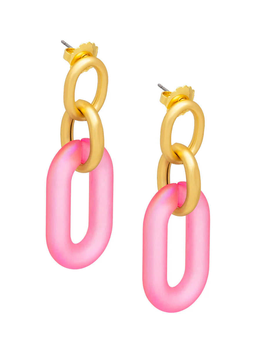 Zenzii Resin Oval Link drop pink links and gold loop earrings on a white background