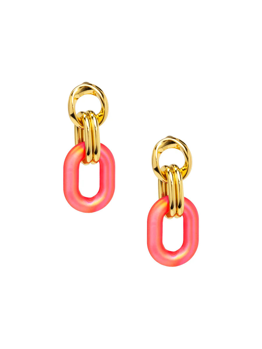 Zenzii gold drop link earrings with red small  resin oval.