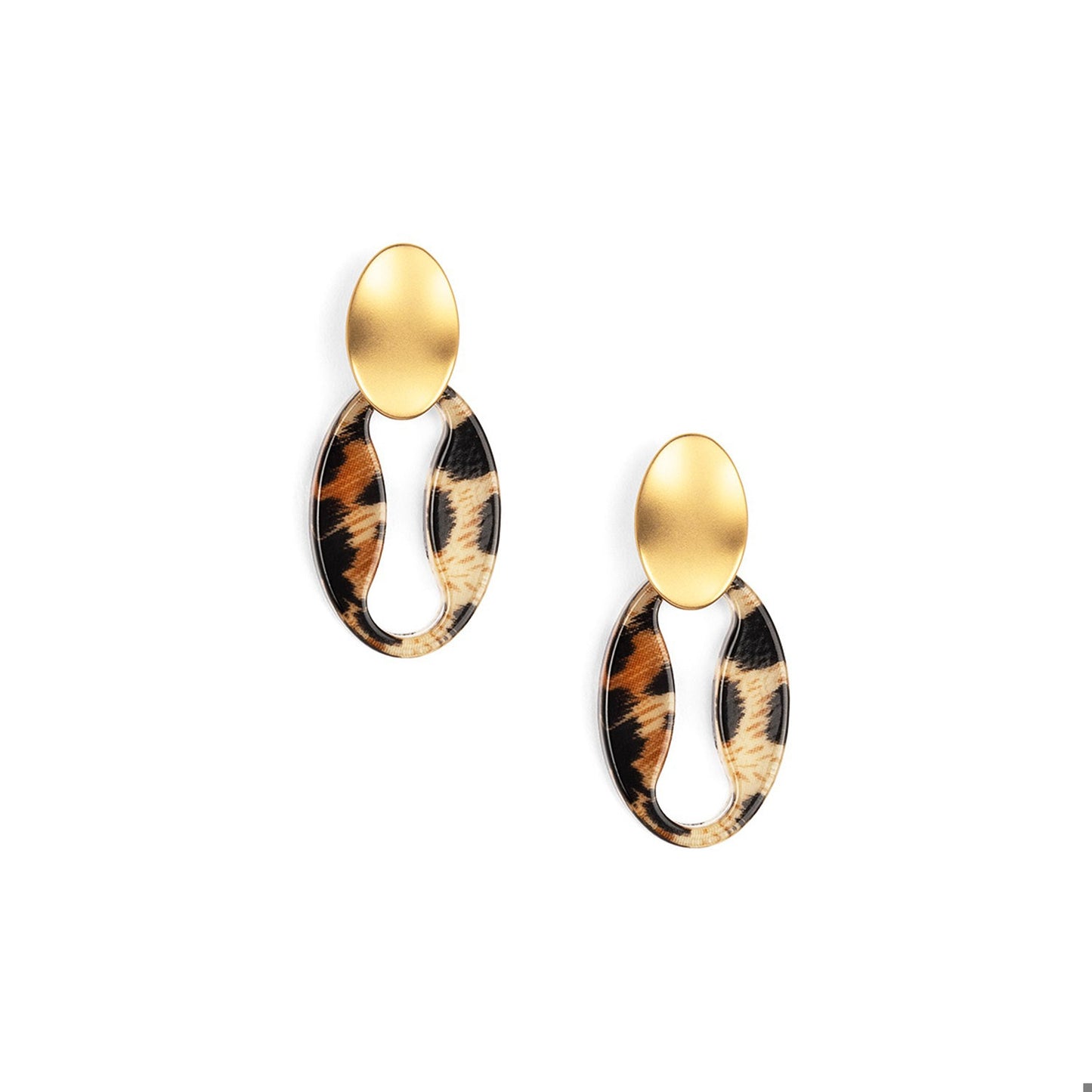 A pair of dangling earrings with oval gold studs and elongated openwork hoops in a tortoiseshell pattern of black, brown, and beige.