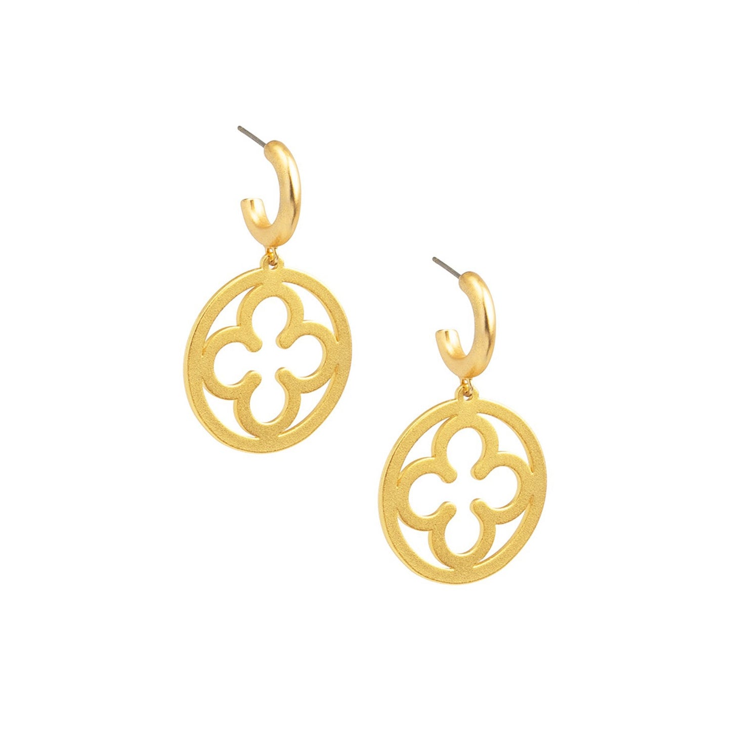 A pair of gold drop earrings with openwork circular quatrefoil designs and small curved post backings.