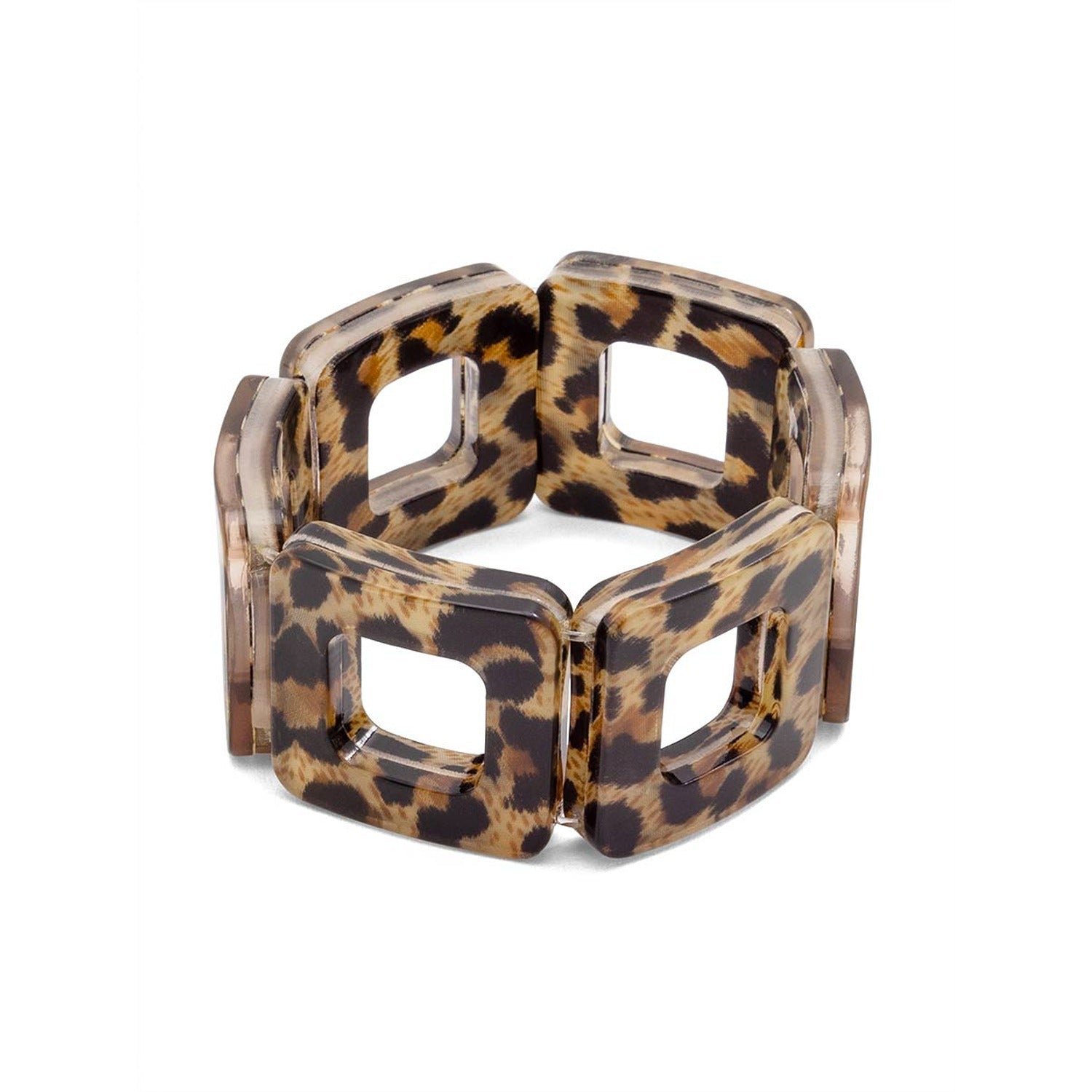 A wide, chunky square-link bracelet with a brown and black leopard print pattern.