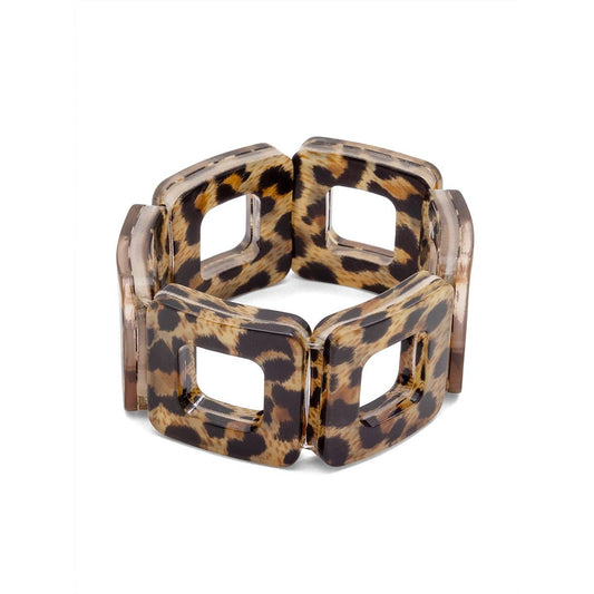 A wide, chunky square-link bracelet with a brown and black leopard print pattern.