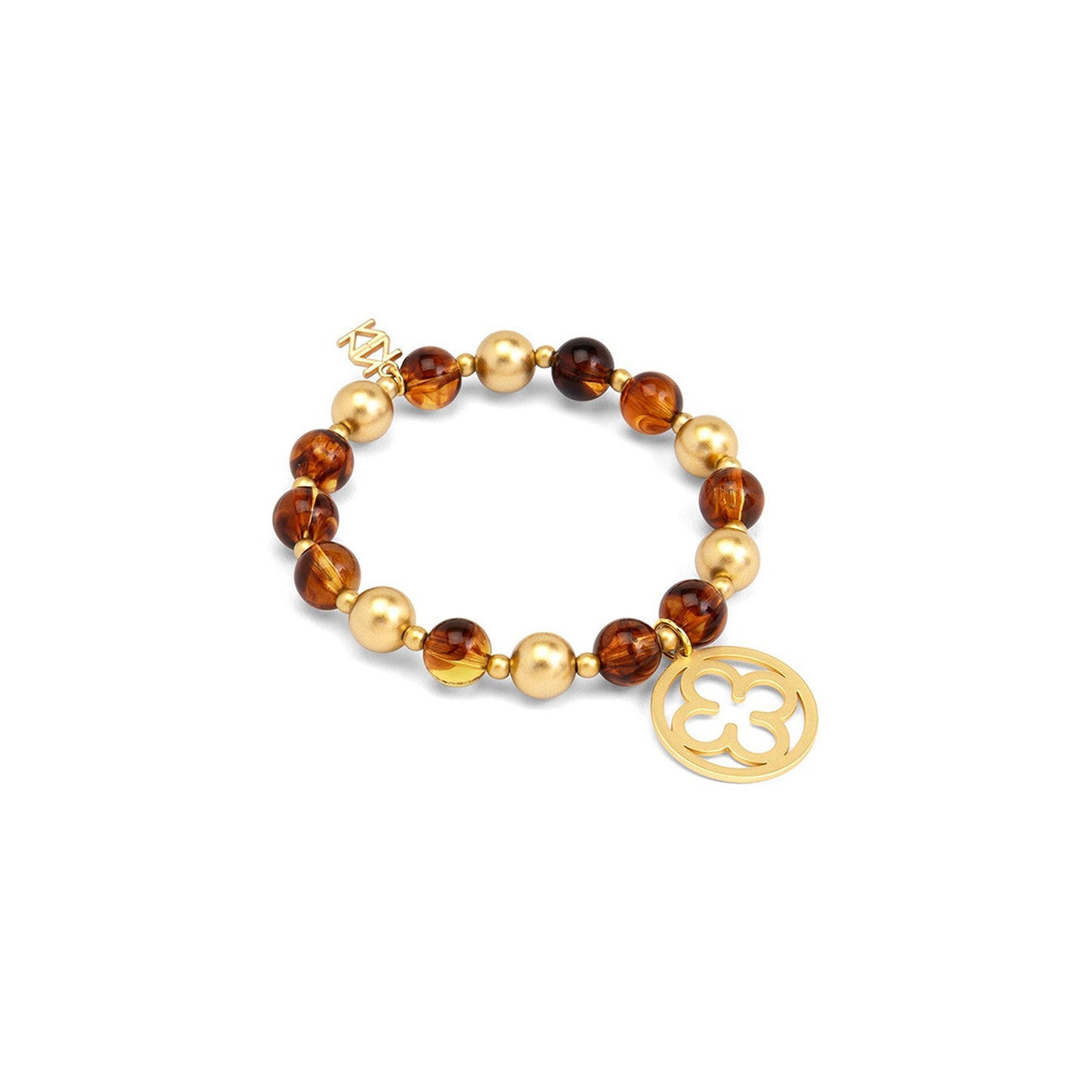 A beaded bracelet featuring polished amber brown and cream pearls with gold-tone metal links, a small charm, and a circular gold-tone clover medallion.