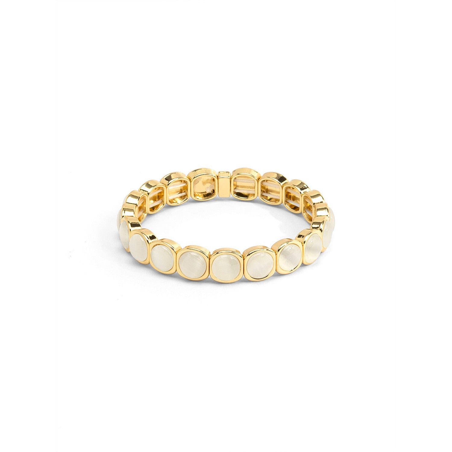 A gold-plated stretch band bracelet featuring oval white inlay stones.